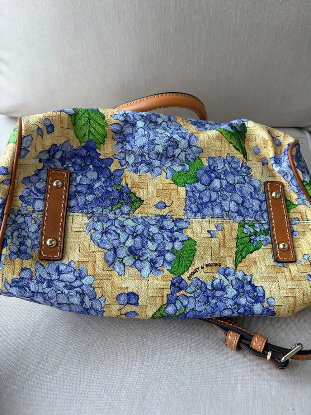 Dooney & Bourke Blue Hydrangea Print Satchel with Tan Leather Trim